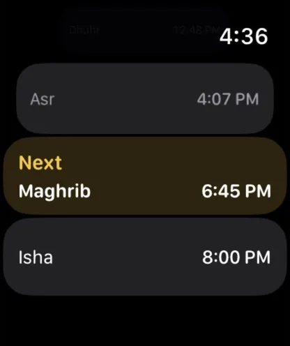 FiveTimes Apple Watch prayer schedule with Maghrib highlighted as the next prayer at 6:45 PM