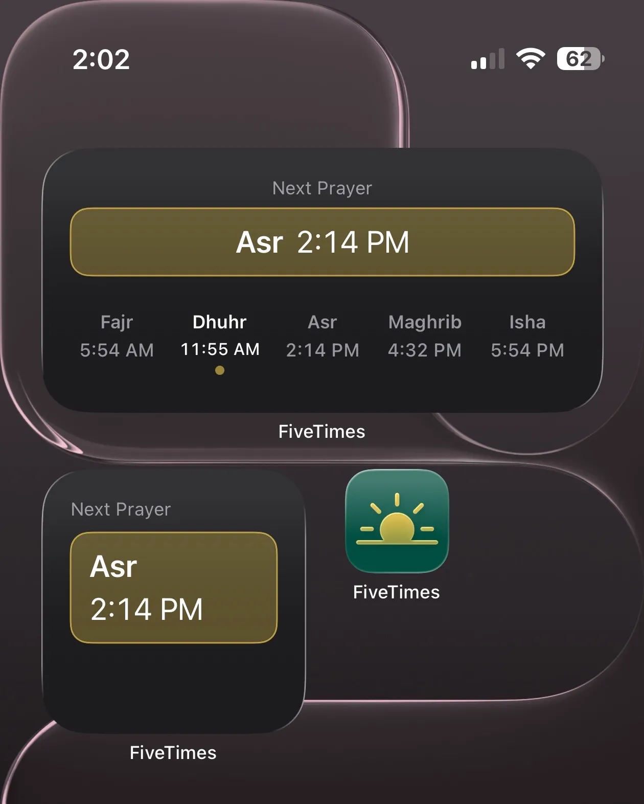 FiveTimes Home Screen widgets highlighting upcoming salah